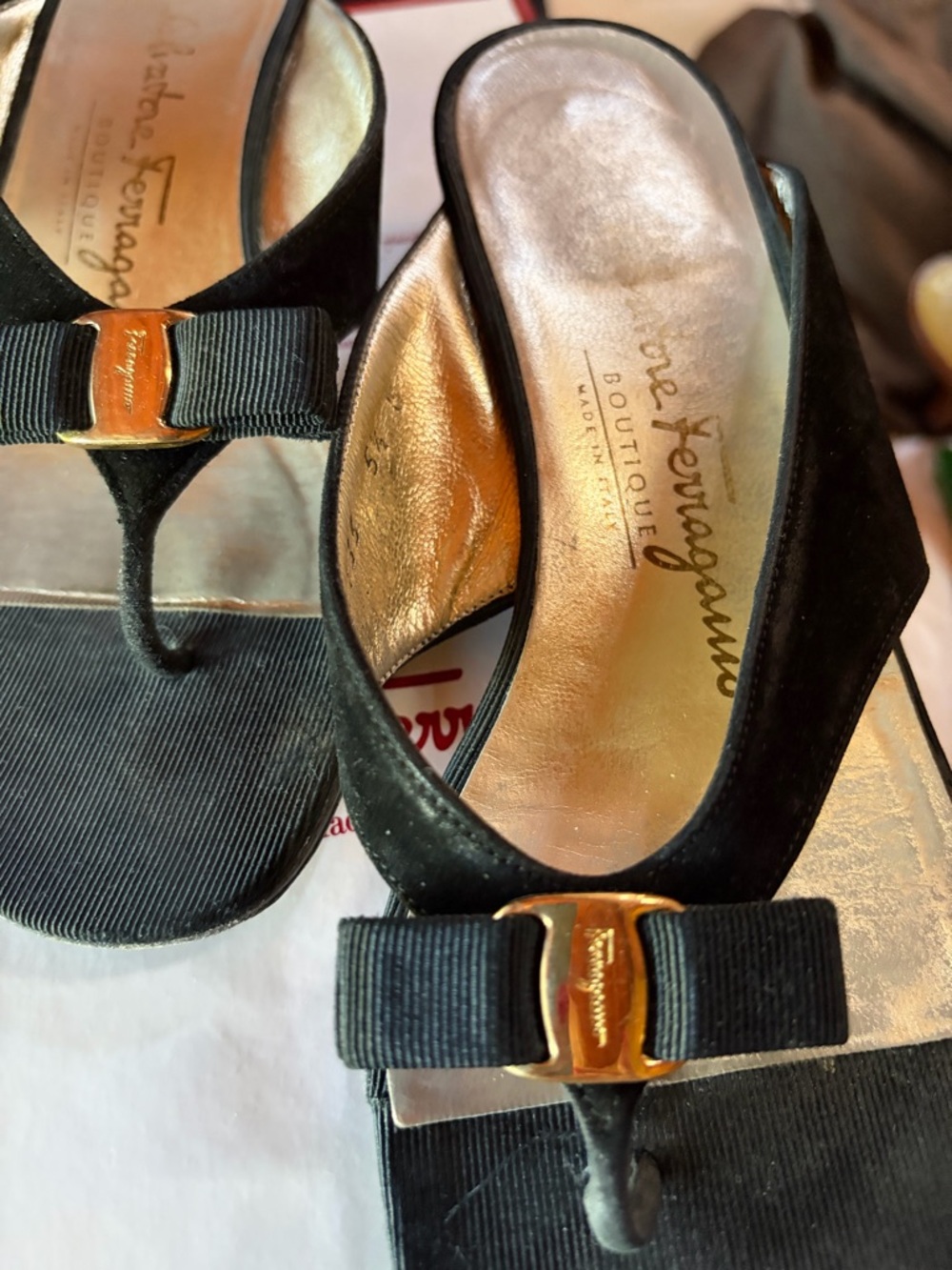 Salvatore Ferragamo Black Suede Vara Bow Thong Mules with Gold Accent